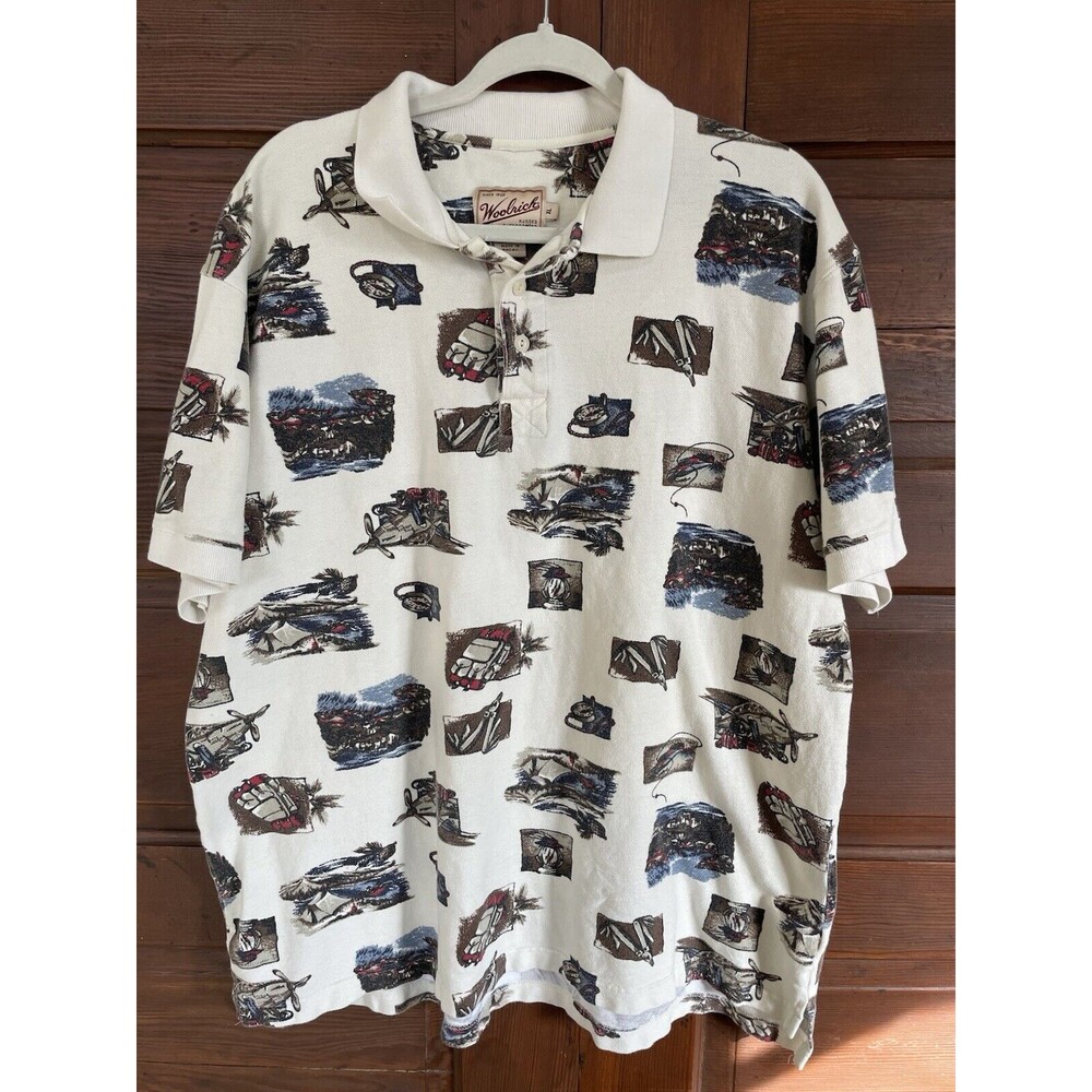 Woolrich Shirt men's XL Camping Planes Print Button Outdoor Cotton Casual